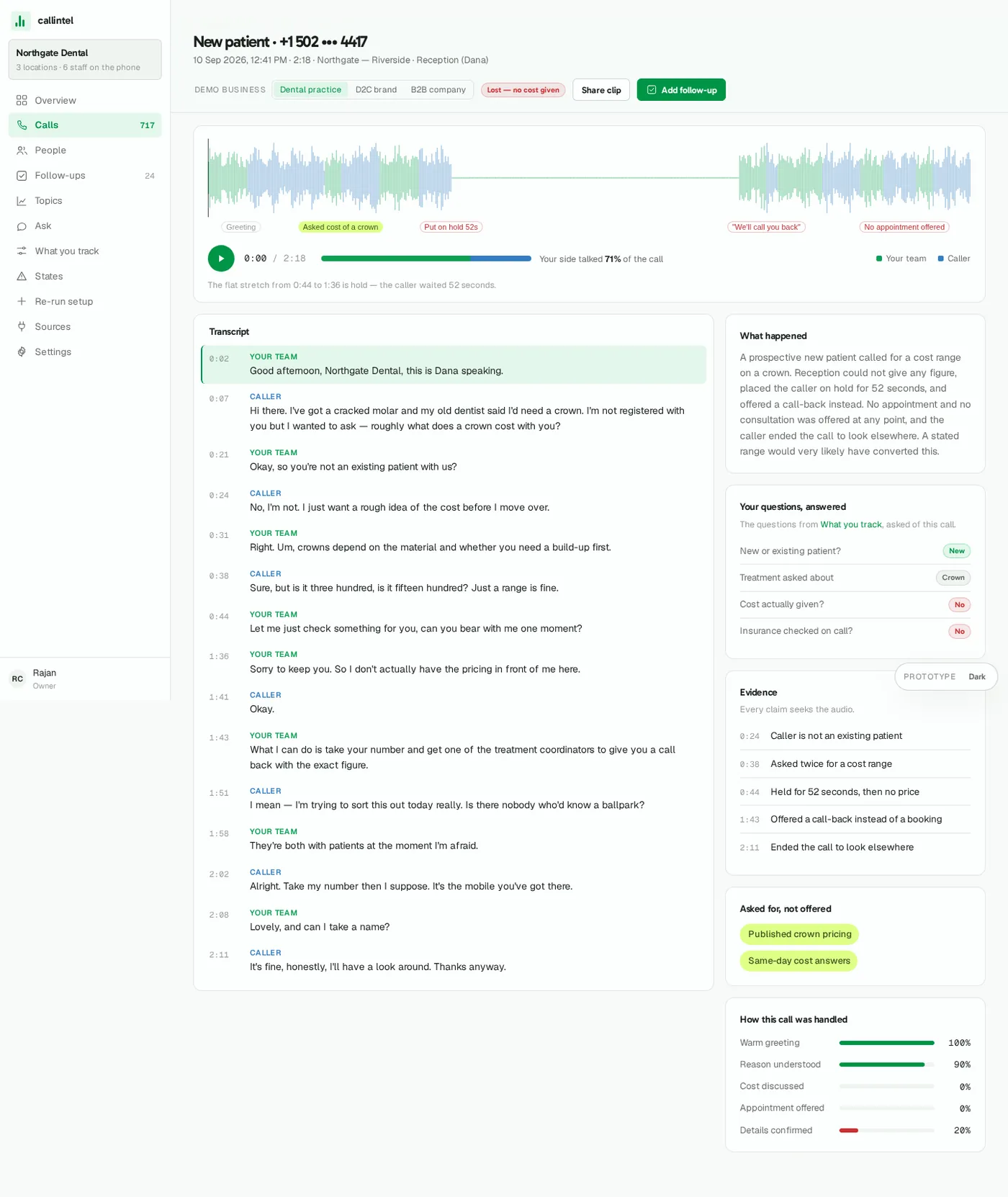 A single call with transcript and evidence
